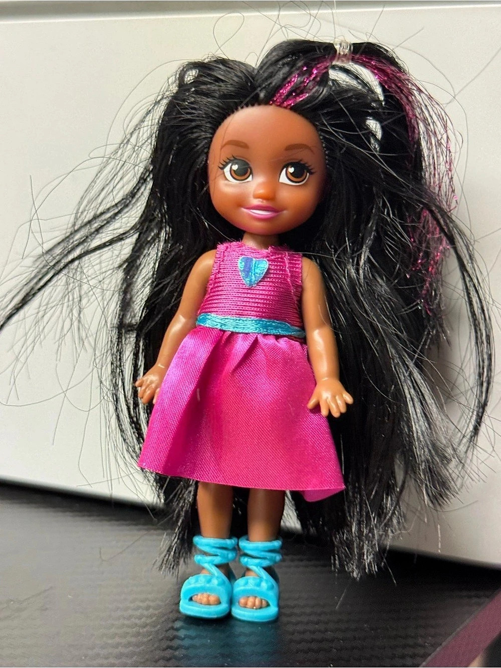Basic Fashion Doll Pink Dress Long Black Hair Blue Shoes